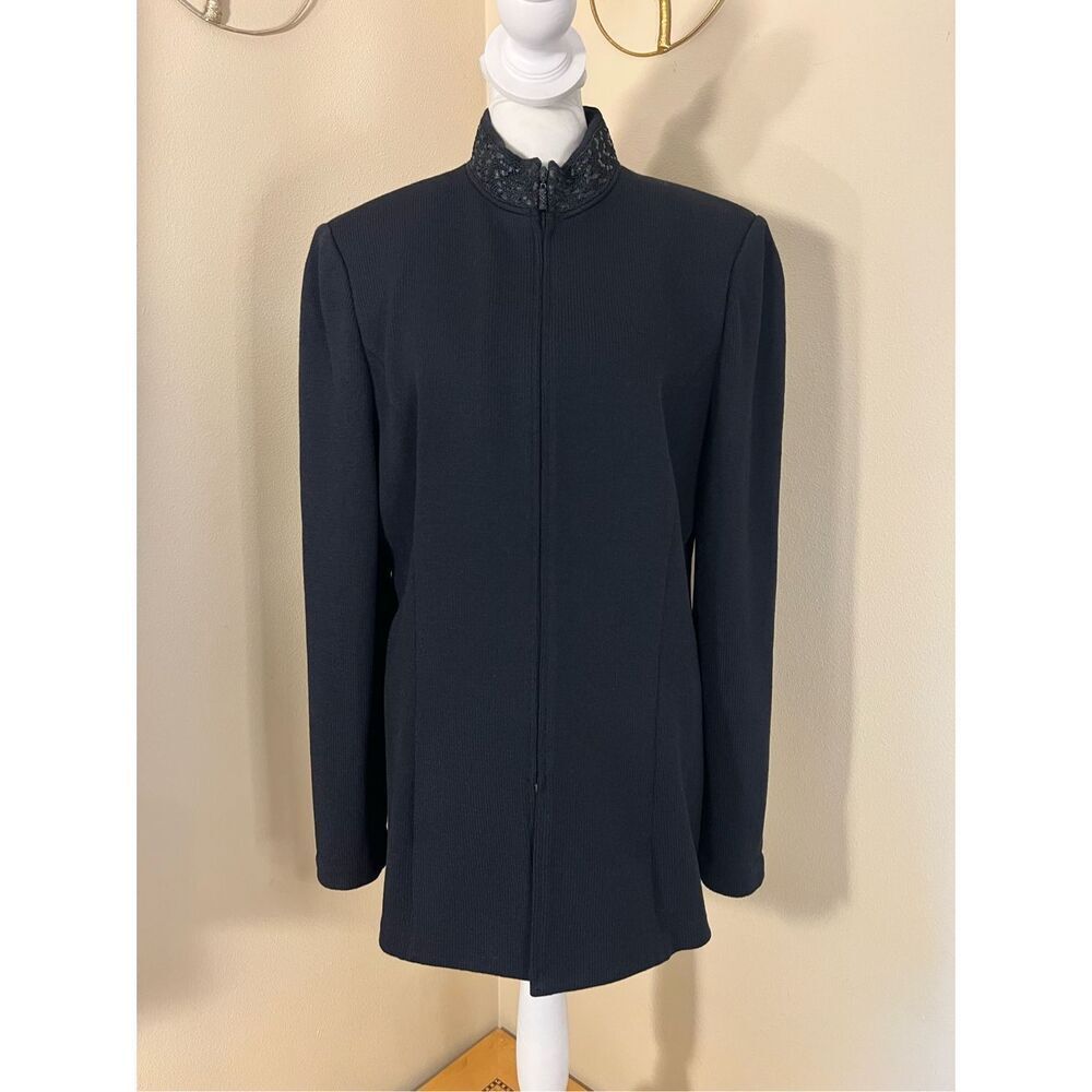 Vintage St John Black Santana Knit Zip Front High Braid Collar Blazer Women's 12 - Picture 8 of 10